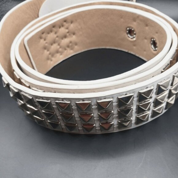 Studded White Belt Vegan Leather + Goth White Stud and Chain Leather Bracelet - Picture 12 of 13